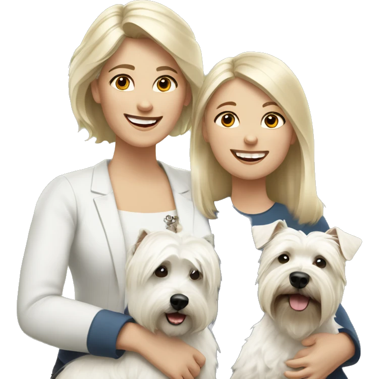 Family picture woman with blonde hair and daughter with dark brown hair and happy West Highland White Terrier emoji