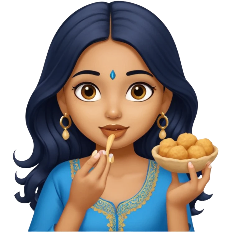 a pretty tan indian bratz girl. eyeliner on, wearing a blue kurti, eating golgappa. NO SPOON. wavy long BLACK coloured hair emoji