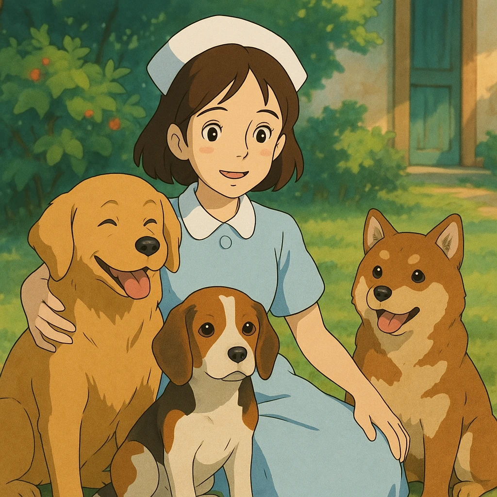 brunette nurse with dogs, ghibli style emoji