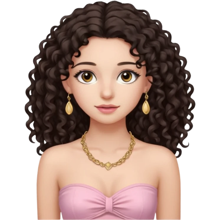 crée moi une jeune fille très belle avec les cheveux bouclés long et brune avec un top  sans manche ni brettelles juste un 'bandeau' de couleur rose clair avec un peu de maquillage et des beaux et long  cils avec un collier en or emoji