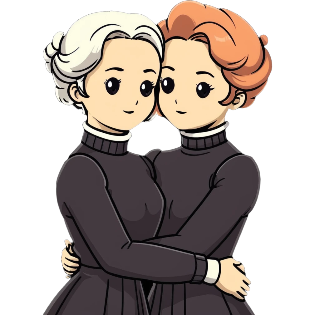 Two Victorian women with light eyes, one with bright white coiffed hair and one with dark copper coiffed hair, wearing Victorian turtleneck dresses, embracing each other in a sad, intimate hug emoji