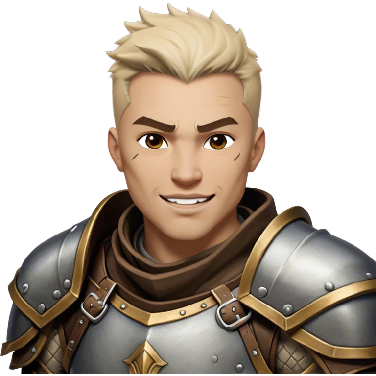 Cinematic Realistic WoW Human Warrior Portrait, head tilted dramatically with an exaggeratedly amused expression, blending rugged heroism with a hint of lighthearted charm. His chiseled face, framed by meticulously rendered steel armor and leather accents in consistent greys and bronzes, is brought to life with dynamic lighting and high shine, dramatic yet whimsical, capturing the essence of a warrior whose epic might is coupled with an approachable, playful demeanor. emoji
