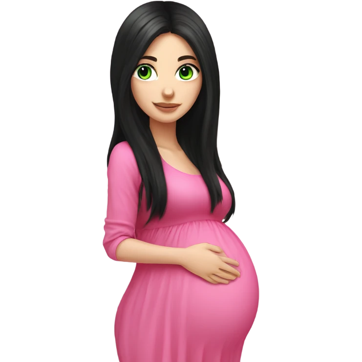 Beautiful Russian girl green eyes very long black hair pink clothes pregnant emoji