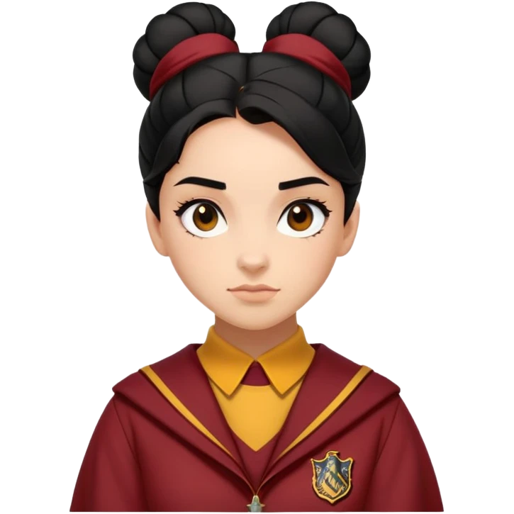 alicia spinnet in harry potter, wear hogwarts gryfindor uniform,  thick, black bun hair , reflecting her bold, stylish, and strong personality emoji