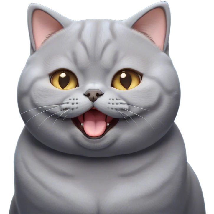 Cinematic Cute Chubby Grey British Shorthair Cat Portrait Emoji, Head tilted playfully and yawning, round and plump body with sleek soft grey fur and subtle blue undertones, Simplified yet adorable features, highly detailed, glowing with a warm, friendly glow, high shine, curious yet calm, stylized with a touch of whimsy, bright and endearing, soft glowing outline, capturing the essence of a mischievous yet loving and lazy kitty, so cute it feels like it could stretch out of the screen and cuddle! emoji