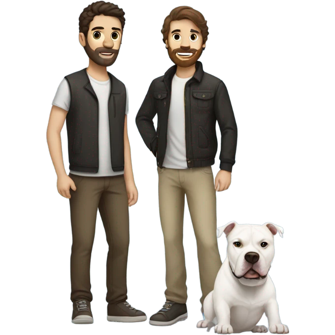 white male with dark brown hair and a lightly scruffy beard shadow standing alongside a white pitbull emoji