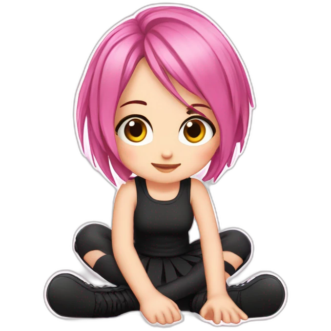 Full body Front view curvy emo girl pink hair sits on the floor straight view hands up black skirt полосатые рваные чулки emoji