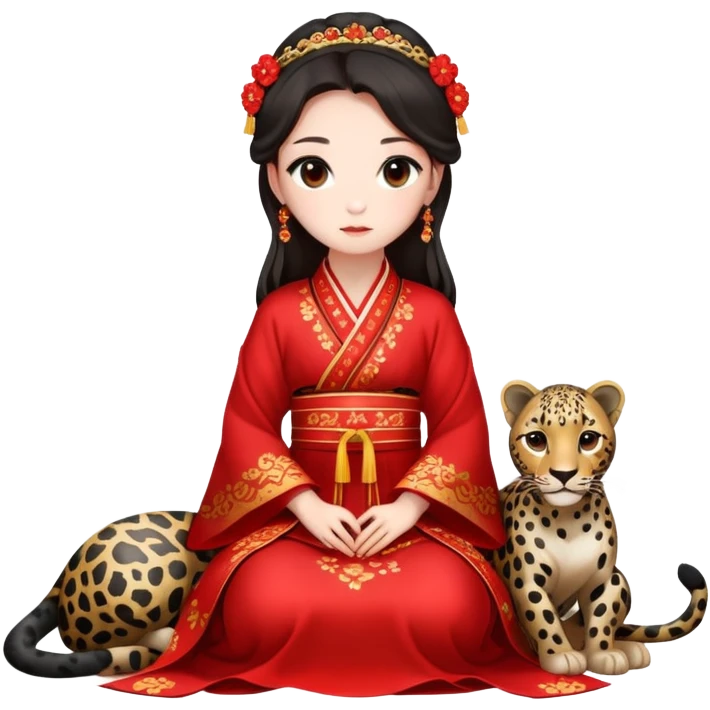 A beautiful girl in red Hanfu wedding dress sits on the ground holding a black leopard emoji