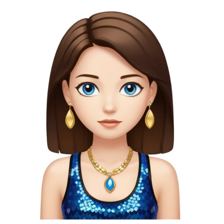 A woman with smooth brown hair with white skin and blue eyes, she has a black sequined tank top and golden jewelry emoji