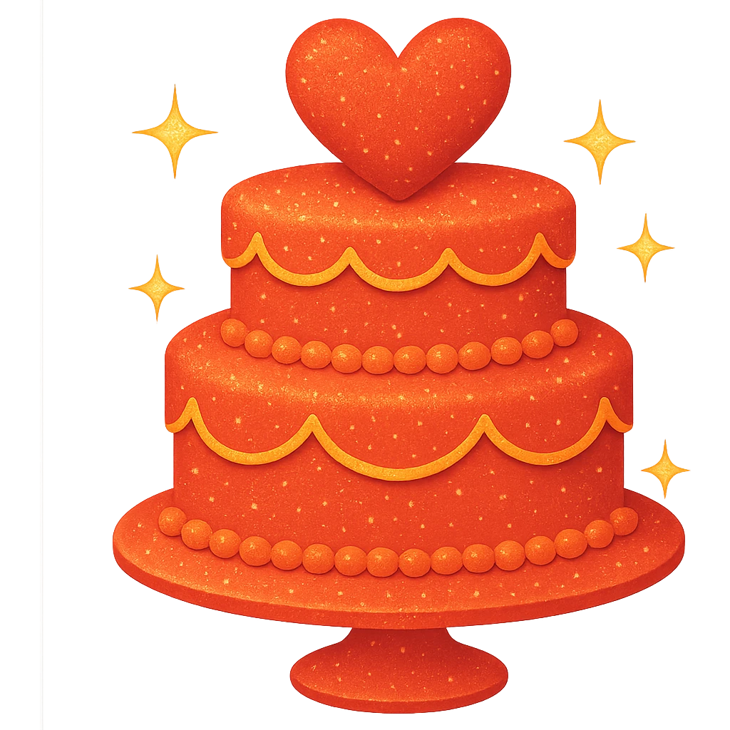 Add a sparkle effect to the red wedding cake with two tiers and hearts. Keep the background transparent. The style should resemble emoji style with bright colors and simple shapes. emoji