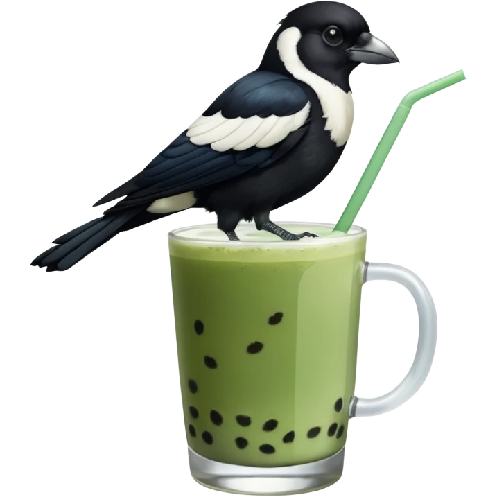  ONE Australien Magpie (just black and white feathers) sitting on an iced matcha latte on the edge of the glass. magpie has green matcha on its beak. matxha latte is in a see through glass and white from thr milk on the bottom and green without seeds on top… one straw & ice cubes emoji