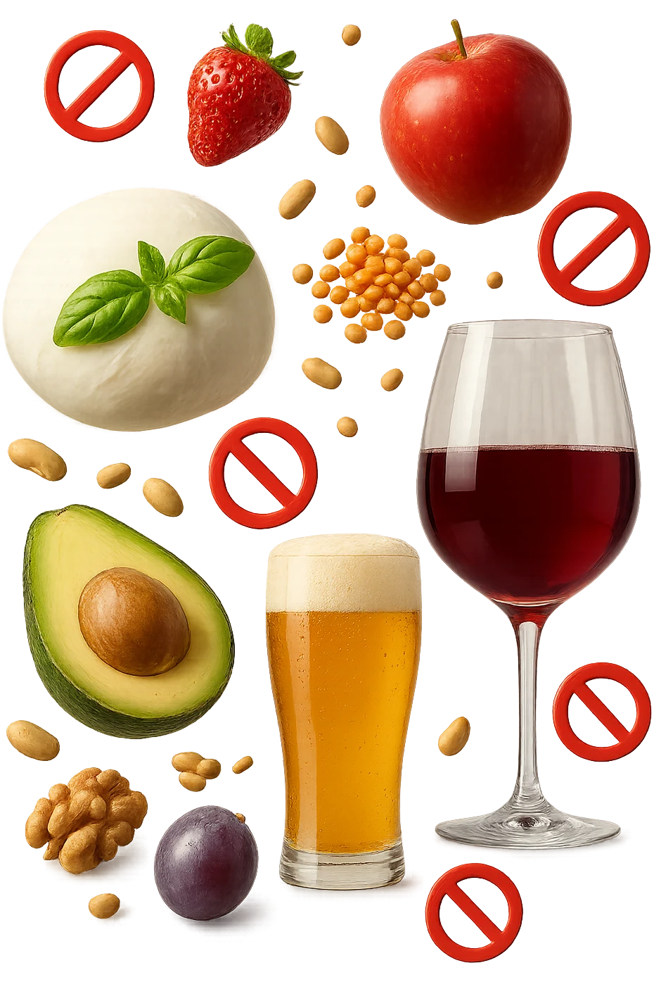 mozzarella, frutta legumi, frutta secca, birra e vino realistici fluttuano in aria con piccoli divieti 3d, IPERREALISTICO 4K emoji