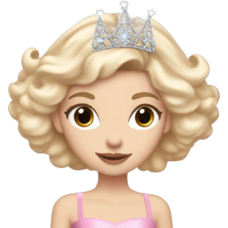 white girl with blonde hair and brown eyes wearing an elegant fluffy pink dress wearing a silver tiara holding a big wand in her hand surrounded by a bubble emoji