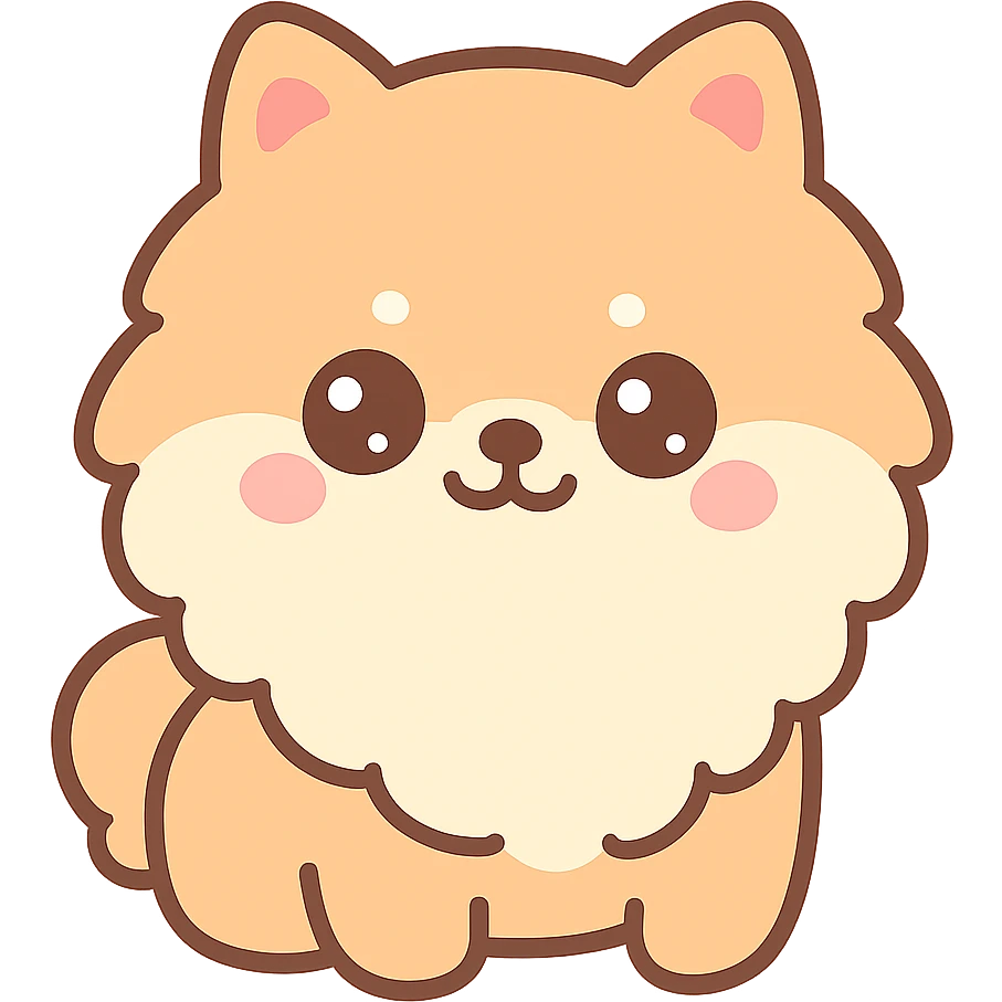 Pomeranian dog, kawaii cartoon style, big eyes, round face, very cute emoji
