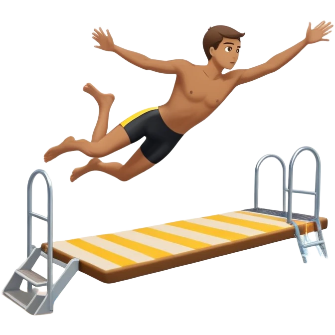 A person throwing himself off of a diving board, looking determined. Below them is a pool of water labeled “Confidence.” Instead of hesitating, they count 5-4-3-2-1 and jump in, representing taking action despite fear. emoji