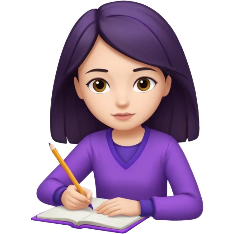 girl sitting, writing in a notebook, dark hair, dressed in purple clothes emoji