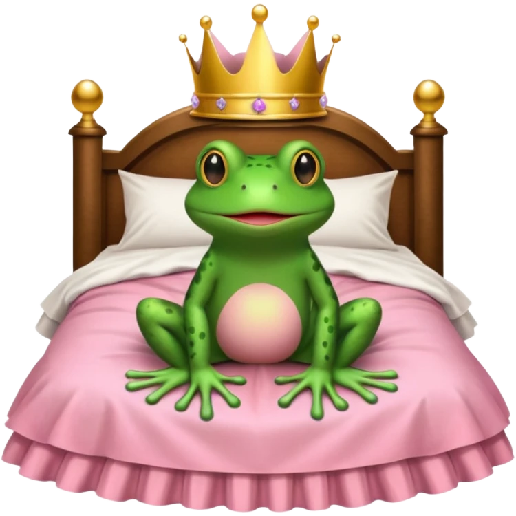Brown bed with white sheets and a pink comforter.  In the bed sits a frog in a frilly little pink dress, wearing a crown and sitting like a frog would normally sit. emoji