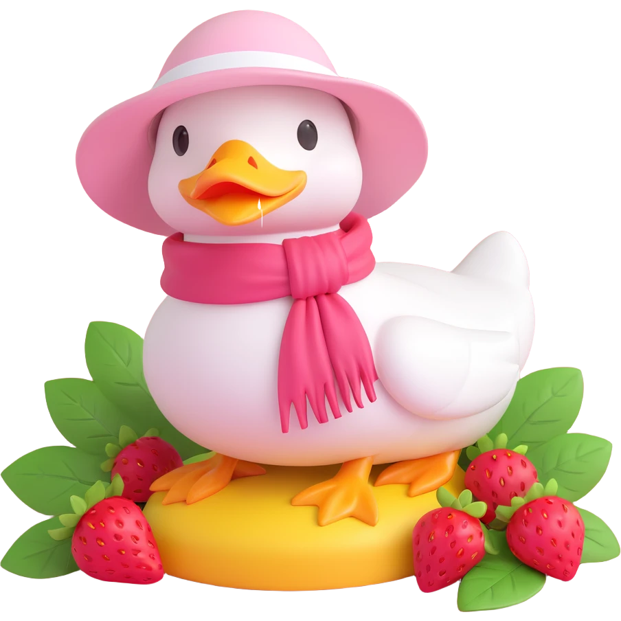 A cute duck character wearing a sun hat and scarf, surrounded by strawberries, 3D iOS style, light pink background with small decorative elements, white duck with a pink hat and yellow scarf, red strawberries with green leaves. emoji