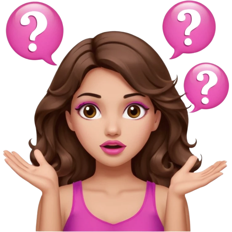 girl with long wavy brown hair, brown eyes, long lashes makeup, sexy pink lips, light to medium complexion, pink sexy top, two hands up, shrugging, confused question mark bubble sign emoji