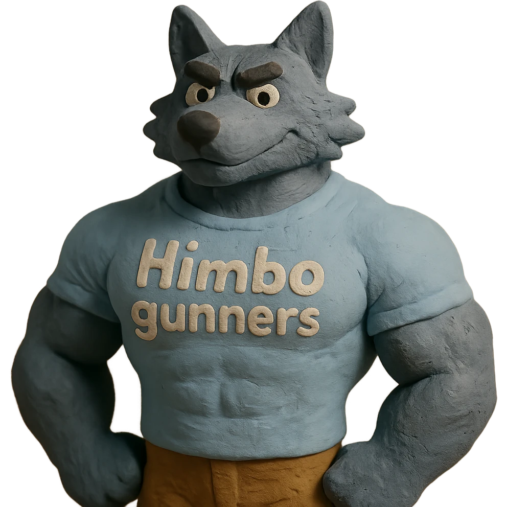 muscular wolf furry wearing a t-shirt that says 'Himbo gunners' emoji