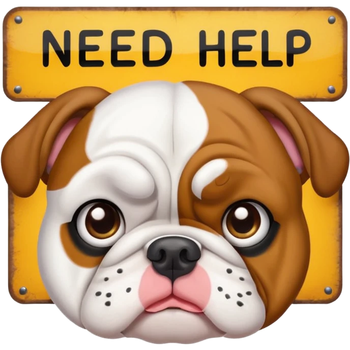 English bulldog peeking over a 'need help' sign, emoji style emoji