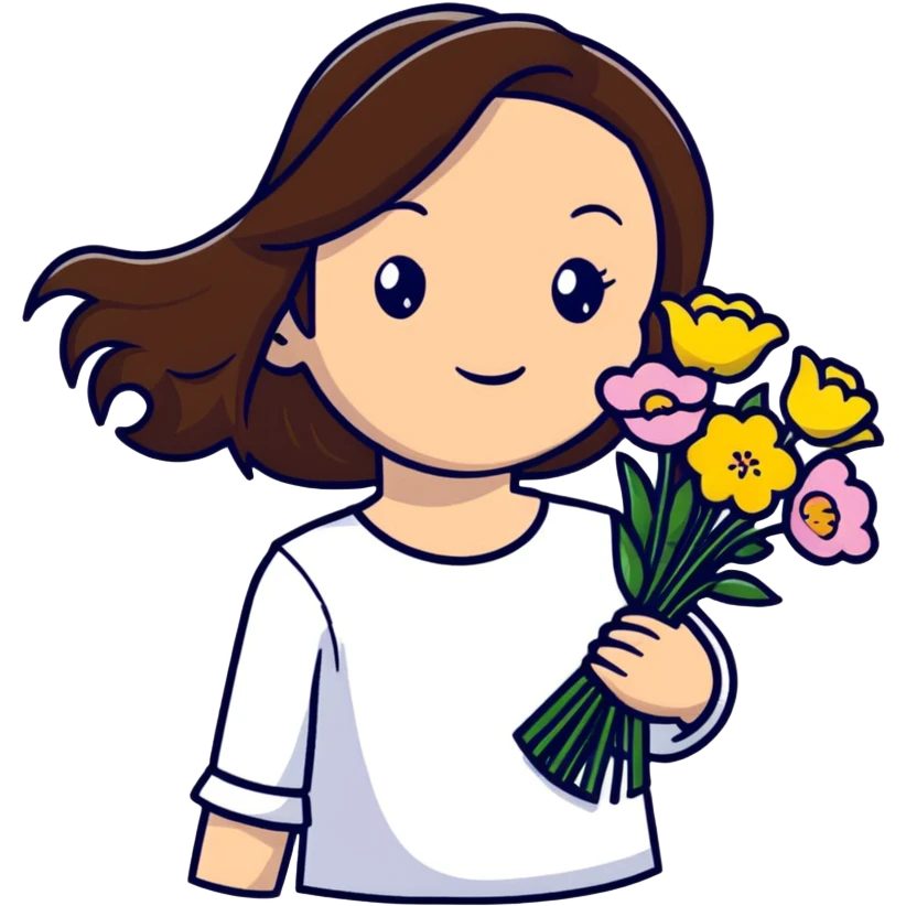cool girl with long brown hair and fair skin tilting her head to the side while holding a bouquet of flowers emoji