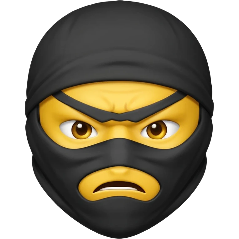 angry ninja face emoji with dark gray ninja mask, no visible skin, classic emoji yellow face emoji