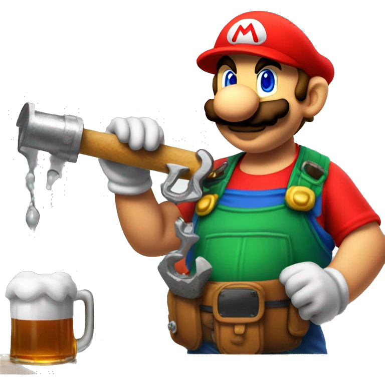 Mario plumber drinking beer with a shirt that reads “HOPE” with a pipe wrench logo emoji