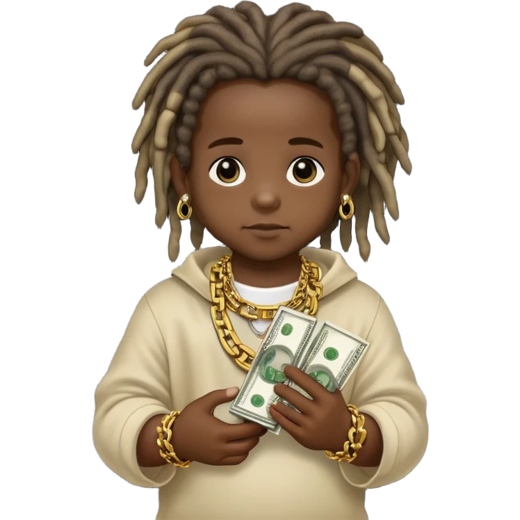 A baby with a lot of money in his hand with dreads and a chain that says MDB around his neck emoji