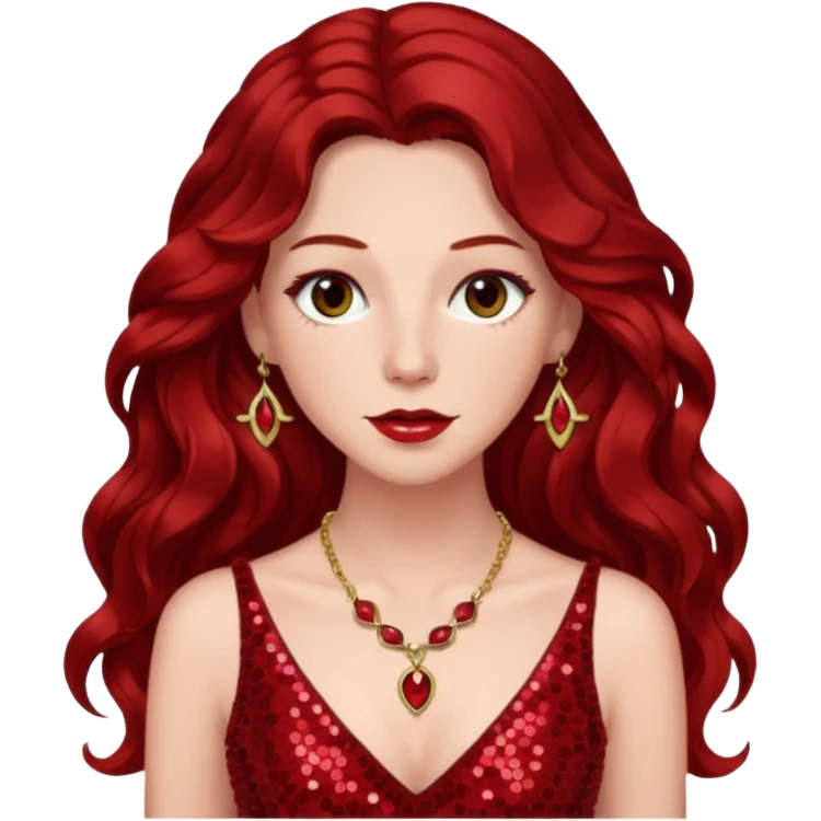 Chappell Roan, Pop Singer (b.1998) with long dark red wavy hair, red sequin dress and necklace emoji
