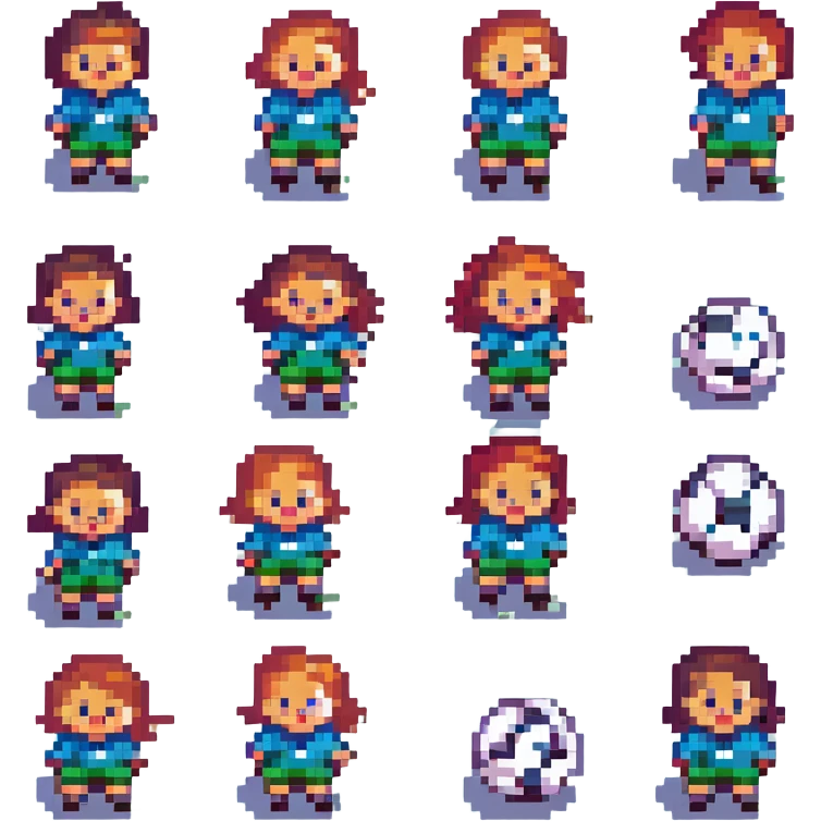 children playing soccer, joyful expressions, pixel art style emoji