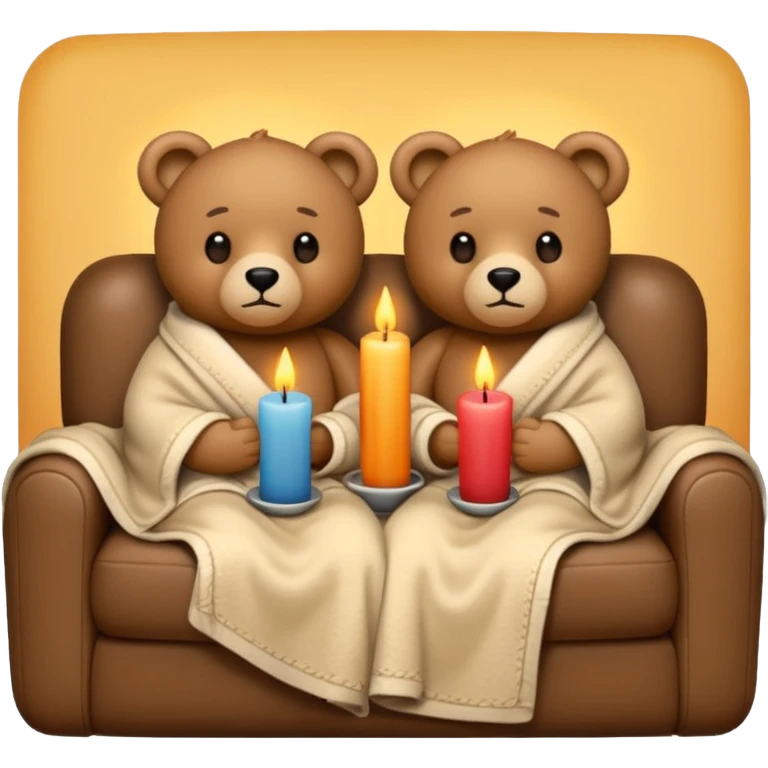 Two teddy bears cuddling wrapped in a blanket watching tv on couch with candles next to them emoji