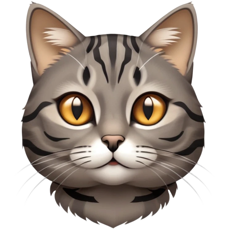 cinematic-cute-grey-and-black-brown-tabby-cat-portrait-emoji,-head-tilted-playfully-and-inquisitively,-sleek-grey-brown-fur-with-bold-black-tabby-stripes-and-a-distinctive-m-shaped-marking-on-the-forehead,-sparkling-amber-eyes,-simplified emoji