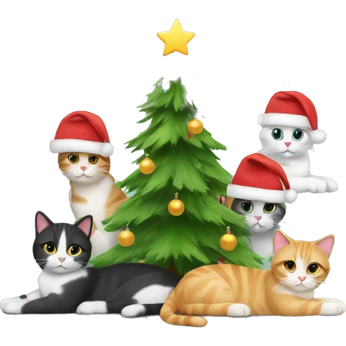 Four different cats sitting under a Christmas tree  emoji