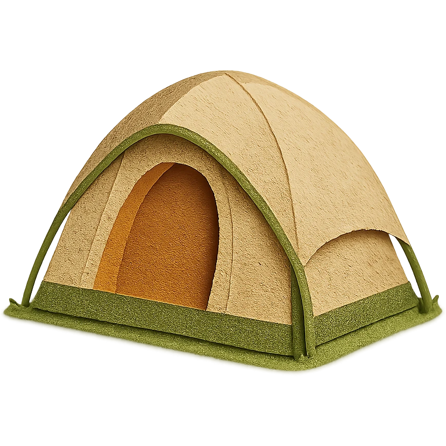 beige camping tent, paper craft style, layered paper details, realistic fabric texture, classic dome shape, set in a natural scene emoji
