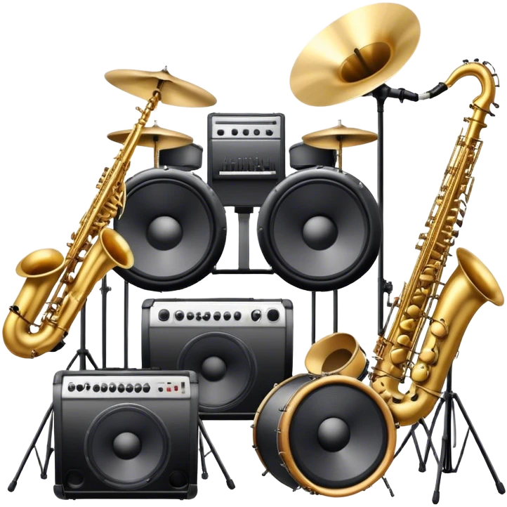 Icon for R&B Music Listening: large concert speakers and headphones with waves of musical notes coming out, along with drum kit, and synthesizer, saxophone and bass guitar. The icon should convey the energetic and rhythmic vibe of R&B music. Transparent background. emoji