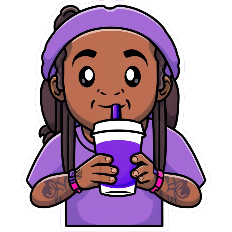 lil wayne with a double styrofoam cup containing purple drink emoji
