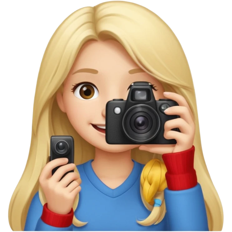 blonde girl photographer cartoon taking picture in middle of taking picture camera in front of face long hair smiling funny emoji