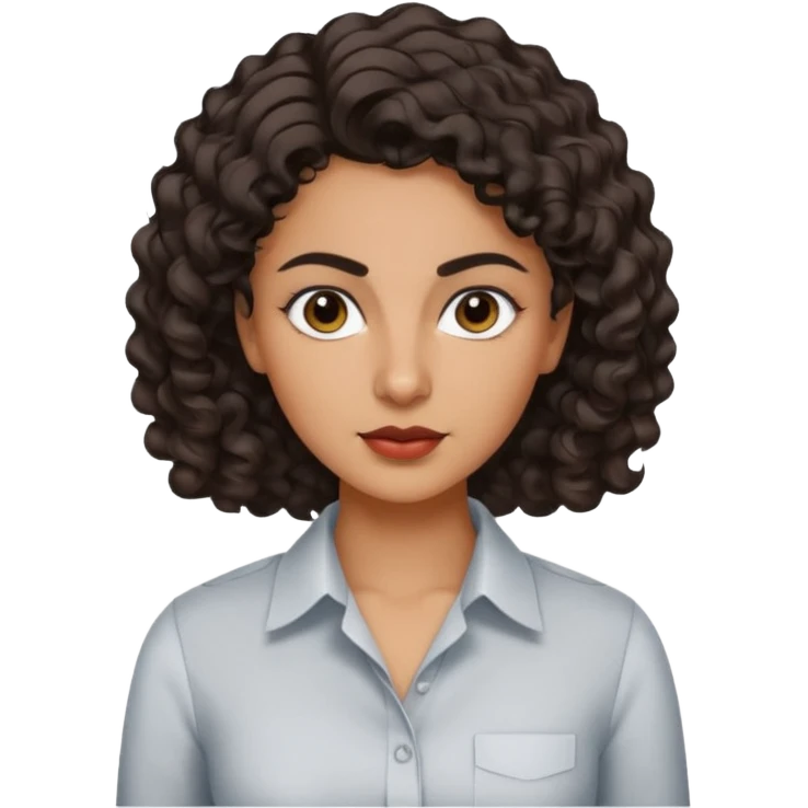 30 yr iranian woman dark brown hair curly wavy short hair, dress shirt, thick eyebrows emoji