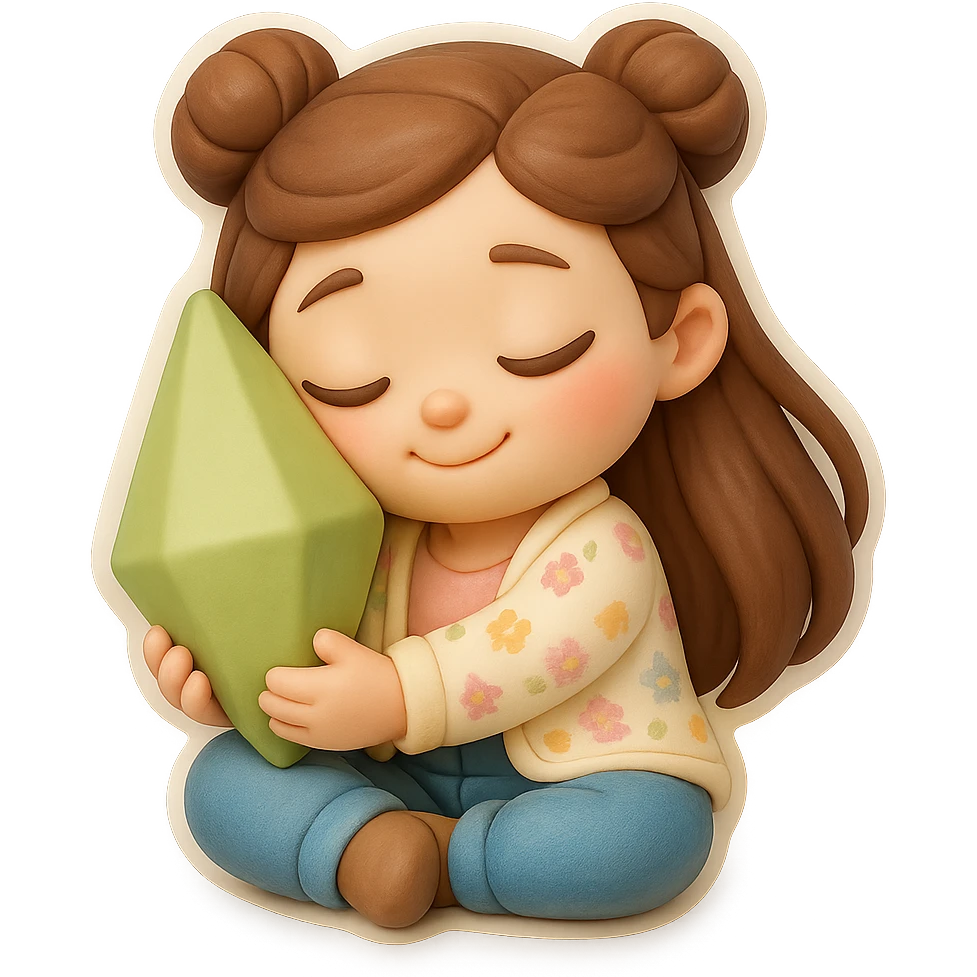 Create a 3D chibi fondant cake art style image with high-quality rendering, smooth shadows, and soft gradients. The girl should be based on the reference image, preserving facial features, with long brown hair in two space buns, brown eyes, jeans, and a pastel floral cardigan. Add a thick white outline like a sticker and make the background transparent. She is sitting in lotus pose, hugging a Plumbob and pressing her cheek to it like a kitten. emoji