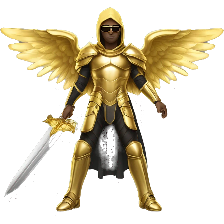 golden archangel, in full growth, with golden wings, black glasses, golden armor, golden swords, in a golden hood, light skin colorglasses, golden armor, golden swords, in a golden hood emoji