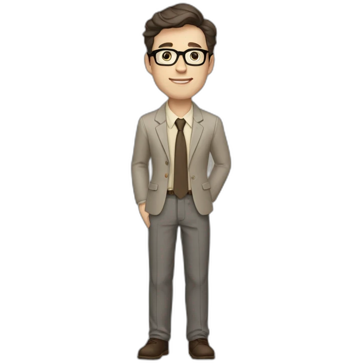 Full height Pale skinned Fit Man With dark brown hair in gray jacket, beige office shirt, tie, Brown pants and vintage glasses. Thrumbs of his palms directed up emoji