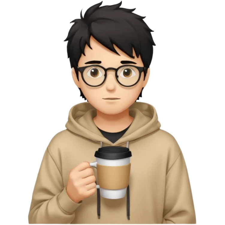 a light tan handsome boy with messy a black hair and spectacles. wearing a beige oversized and loose hoodie with a coffee in hand emoji