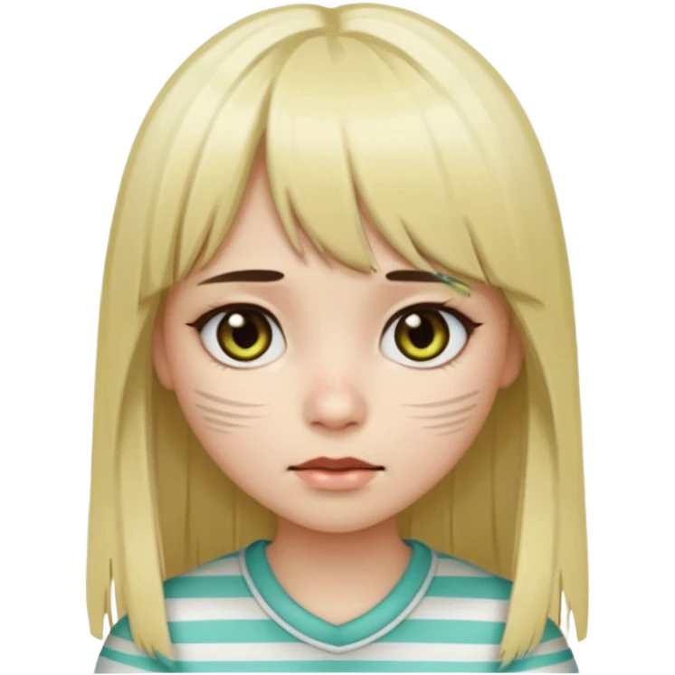 Girl with long straight dark brown hair and blonde striped streaks, with bangs. Light skin and dark eyes. Turn her into a cute zombie version — pale greenish skin, dark eyes, small wounds under eyes, keep her hair and mechas the same, emoji-style. emoji