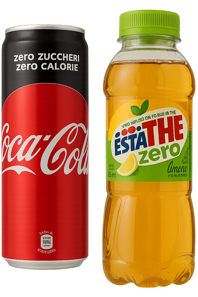 lattina di coca cola zero fluttua accanto a bottiglia di esta-thè zero, iperrealistiche 4k emoji