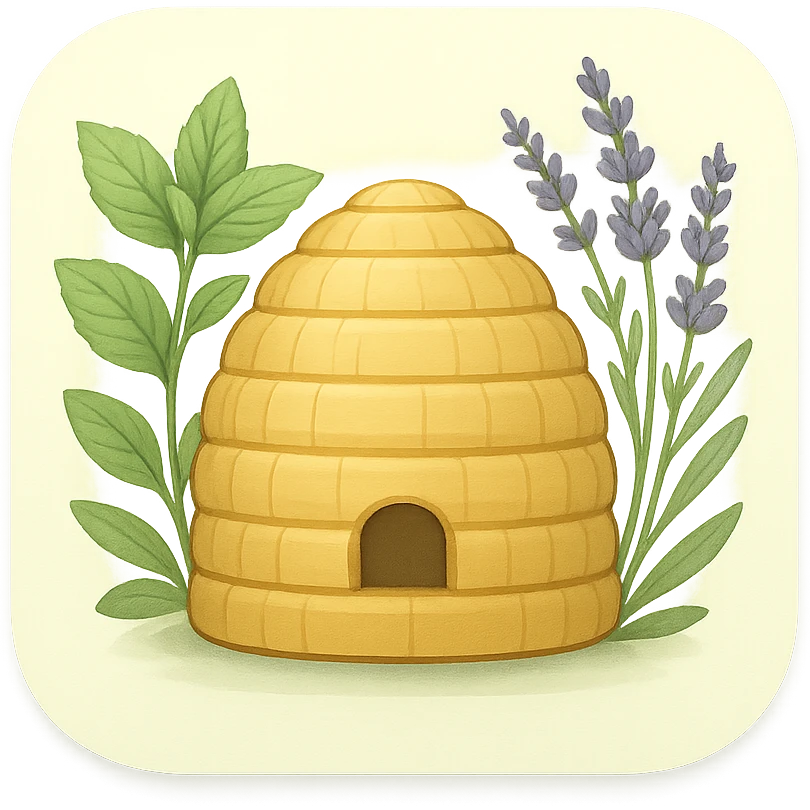 macOS app icon for a herbal therapy CRM, showing a beehive surrounded by fresh herbs like mint and lavender, soft green and golden tones, modern and clean style, no text emoji