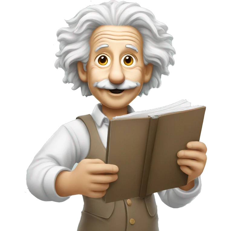 happy albert einstein holding blank notebook in one hand emoji