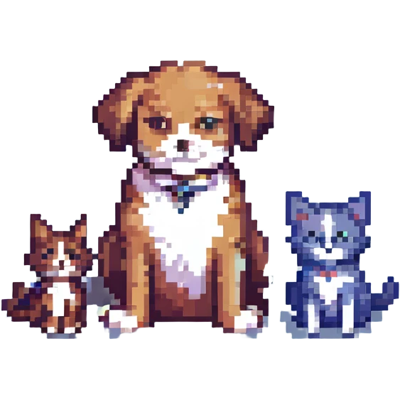 cat and dog sitting side by side, pixel art style emoji