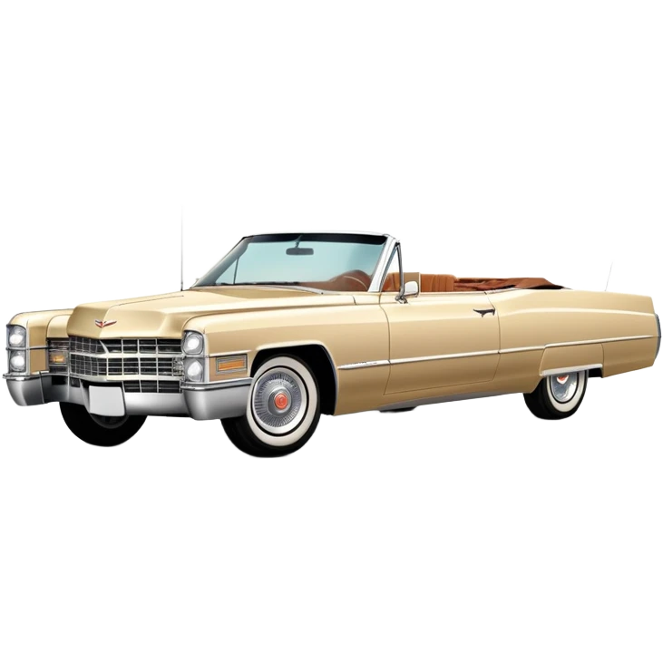 Beige 1966 Cadillac DeVille, 30-degree three-quarter view showing front and side, accurate vintage luxury car proportions, detailed front grille and headlights, from Once Upon a Hollywood movie, iOS emoji style emoji