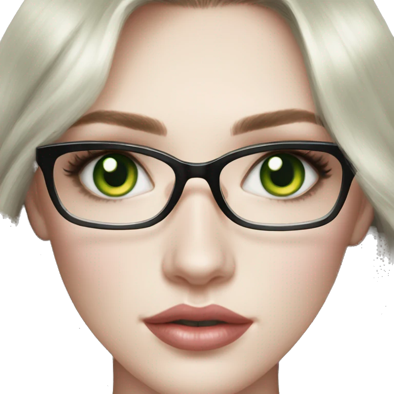 Pale skin with natural makeup and face shape like diamond. Green eyes. Glasses colour white. Brunette with highlights hair. Lips like Kat Dennings. Gaze eyes look emoji